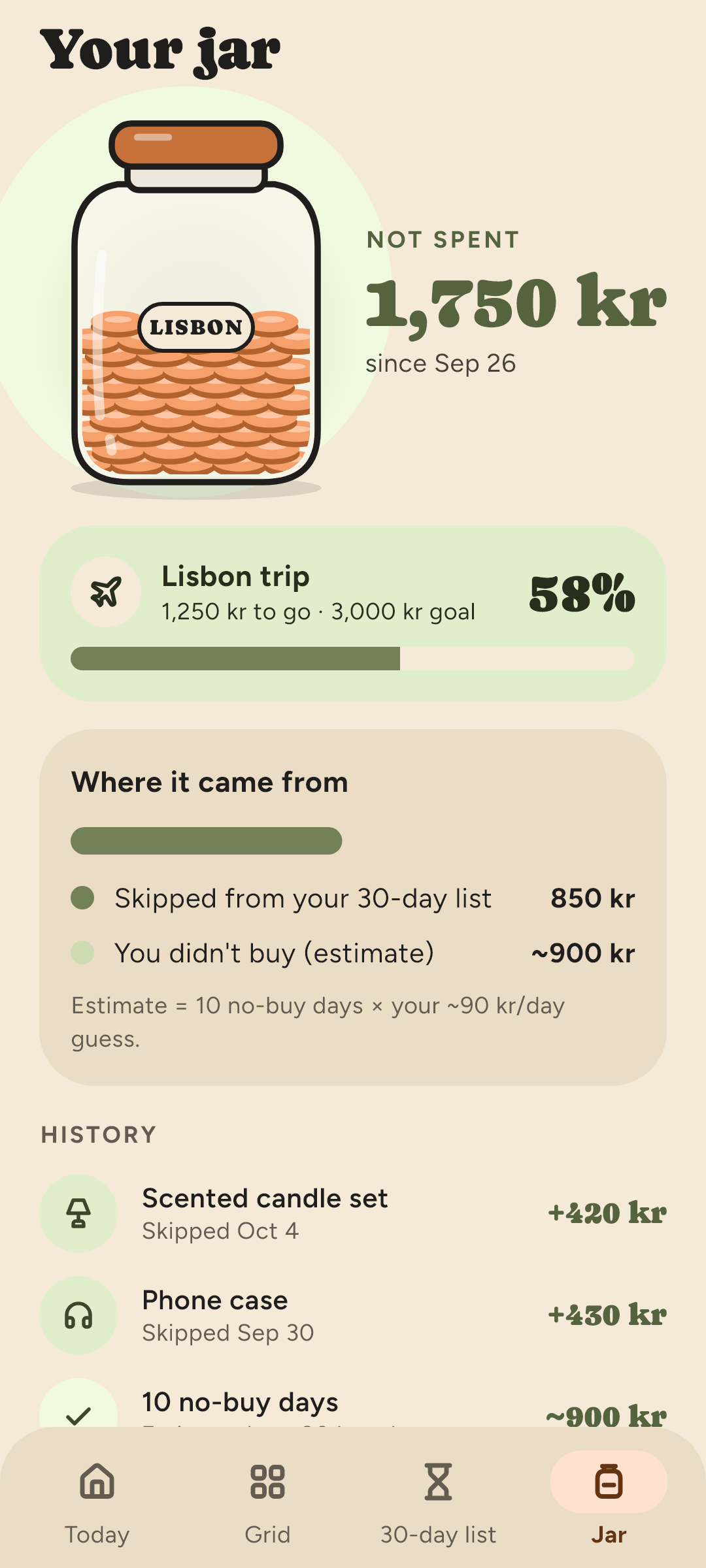 The savings jar screen: total not spent, progress toward a Lisbon trip goal, and where the money came from.