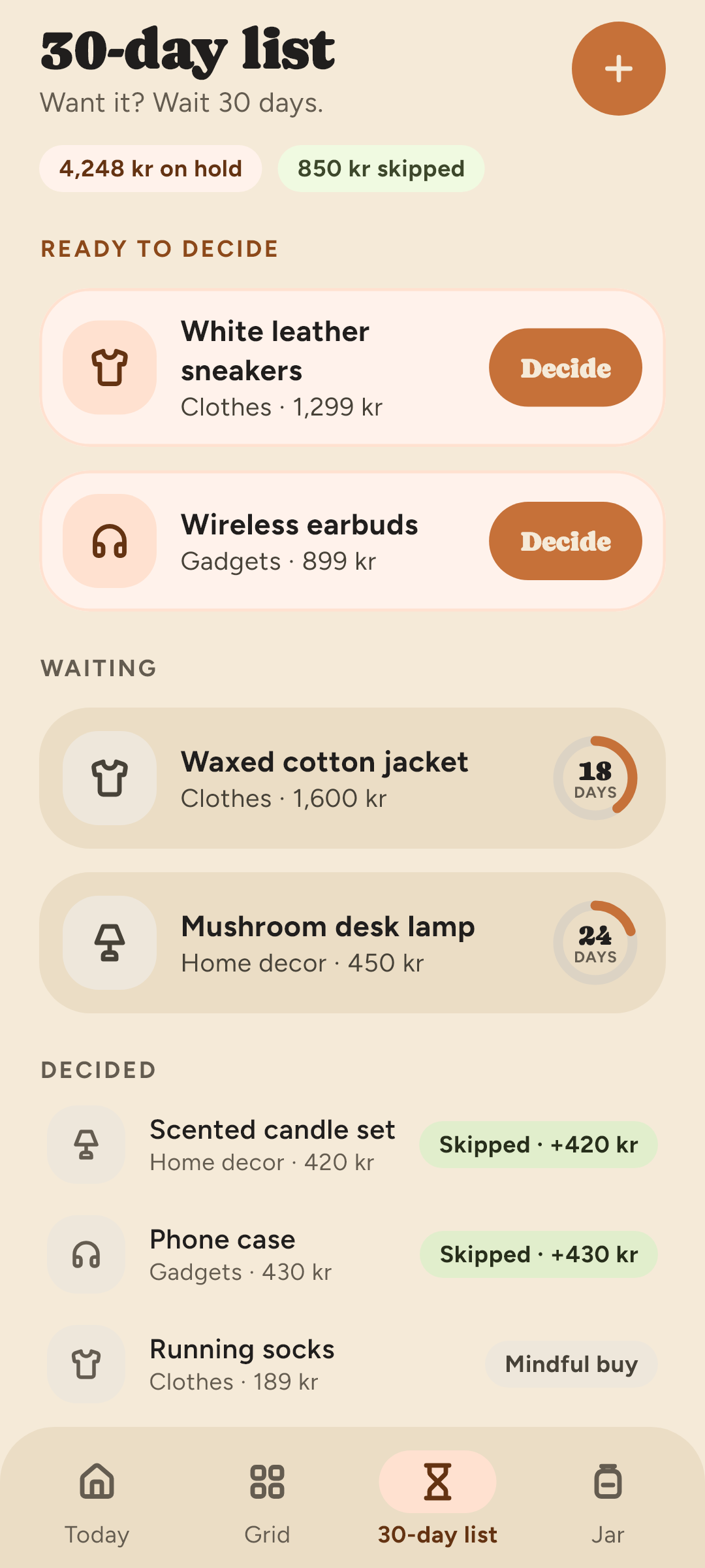 The 30-day list with items ready to decide, items still waiting with countdown rings, and decided items.