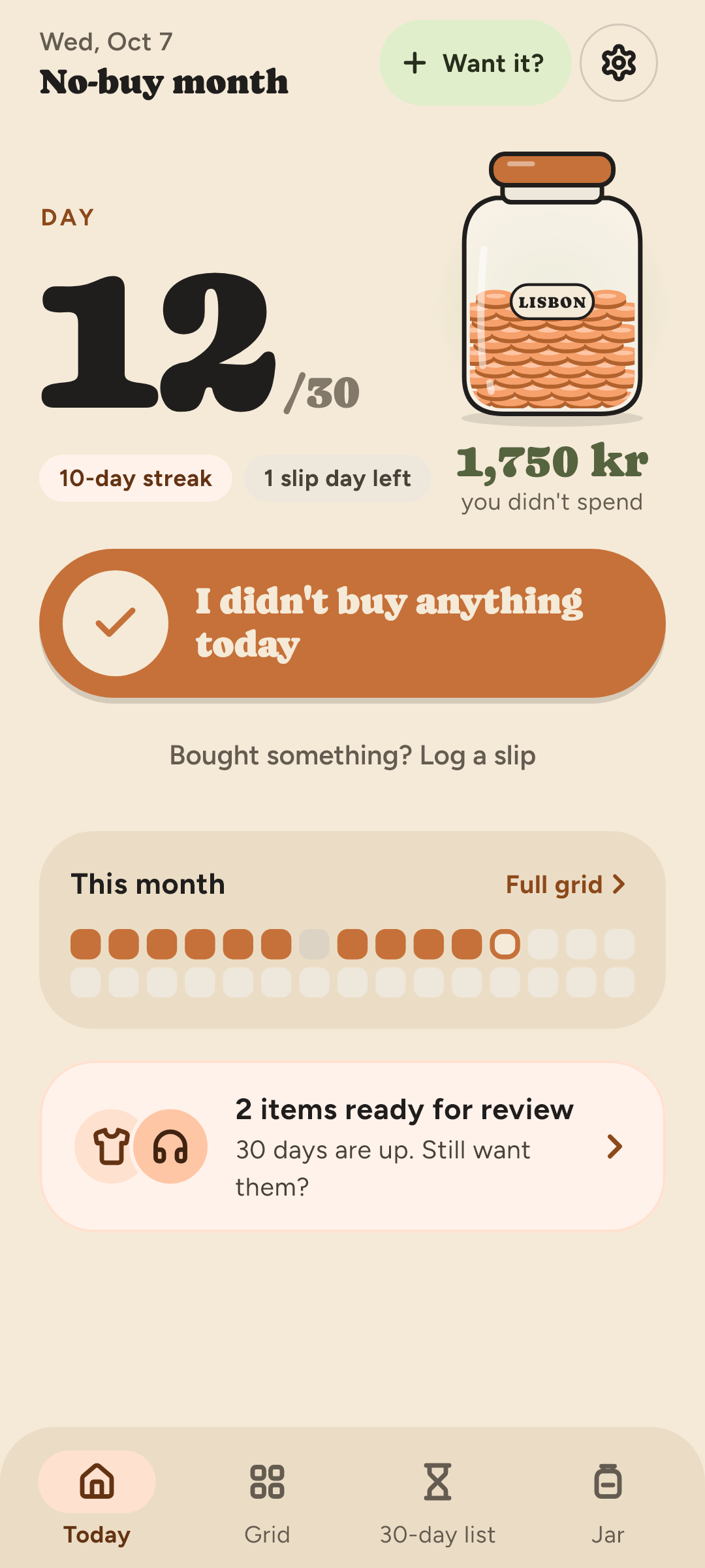 Skip It's Today screen: day 12 of 30, a 10-day streak and 1,750 kr not spent in the jar.